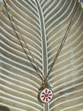 Mayamar 24 Karat Gold Dipped Red Pendant Necklace with Pearl and Gold Charm NEW